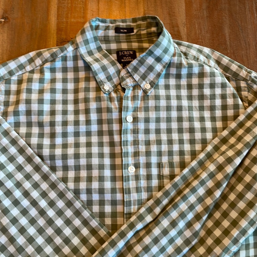 JCrew Slim Flex Gingham, blue and green.  Large.